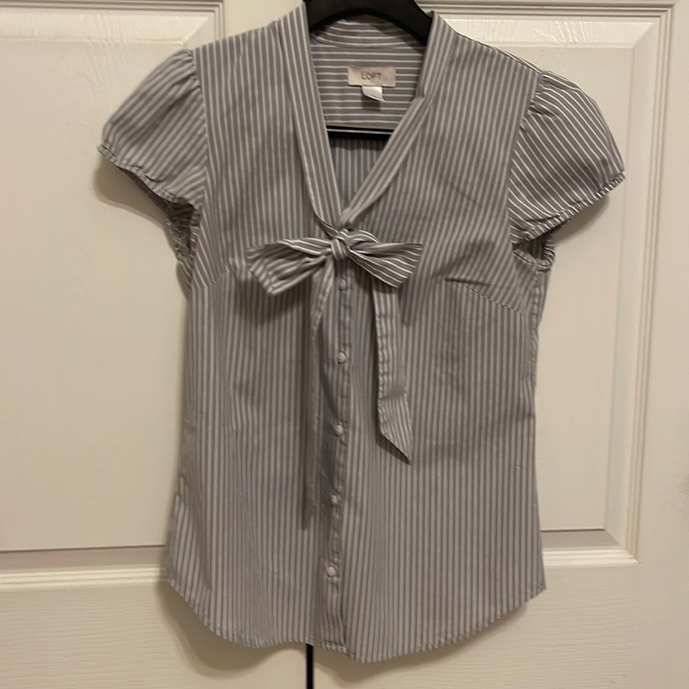 LOFT Gray and White Blouse with Bow Size Small